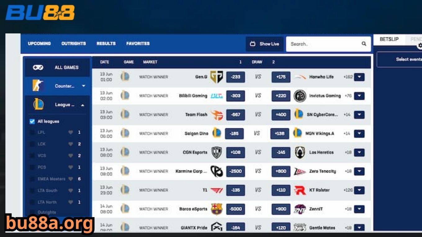 Giao diện cược Liên Minh Huyền Thoại tại Esport BU88