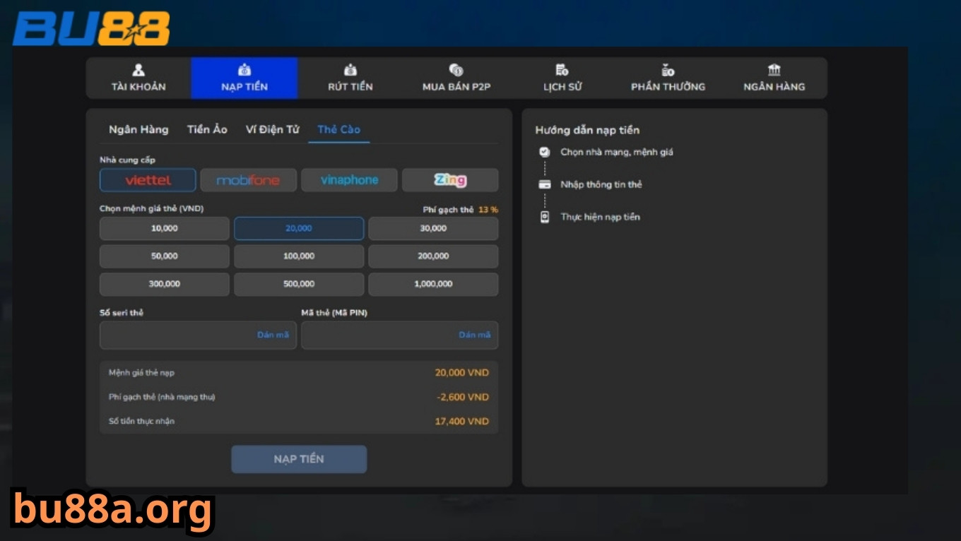 Lưu ý khi nạp tiền BU88
